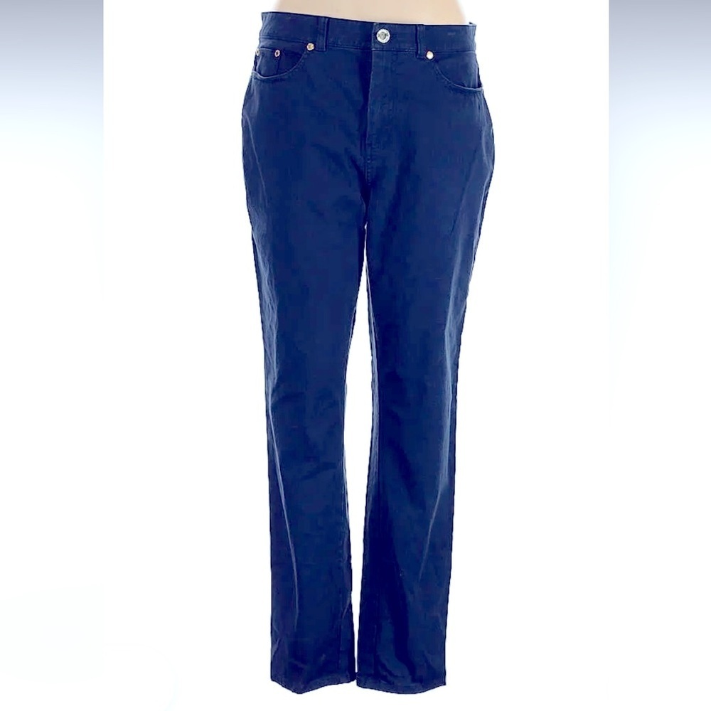 Brooks Brothers women  navy Chino pants logo gold colored button straight leg 10